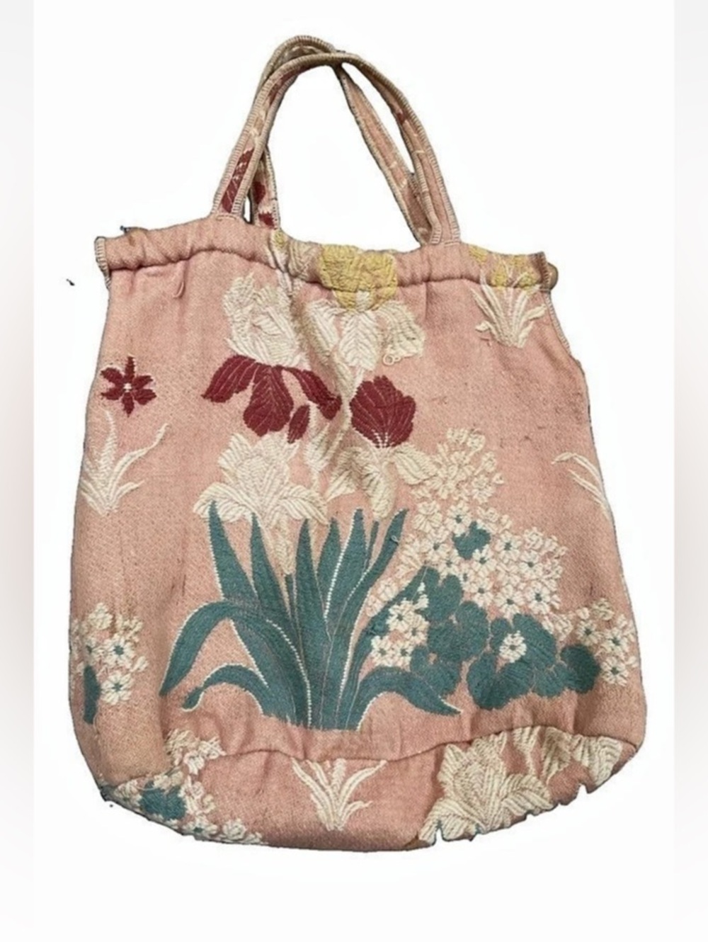 VTG Bates Bedspread Fabric Tapestry Tote Bag Wooden Dowel Handles Pink Floral